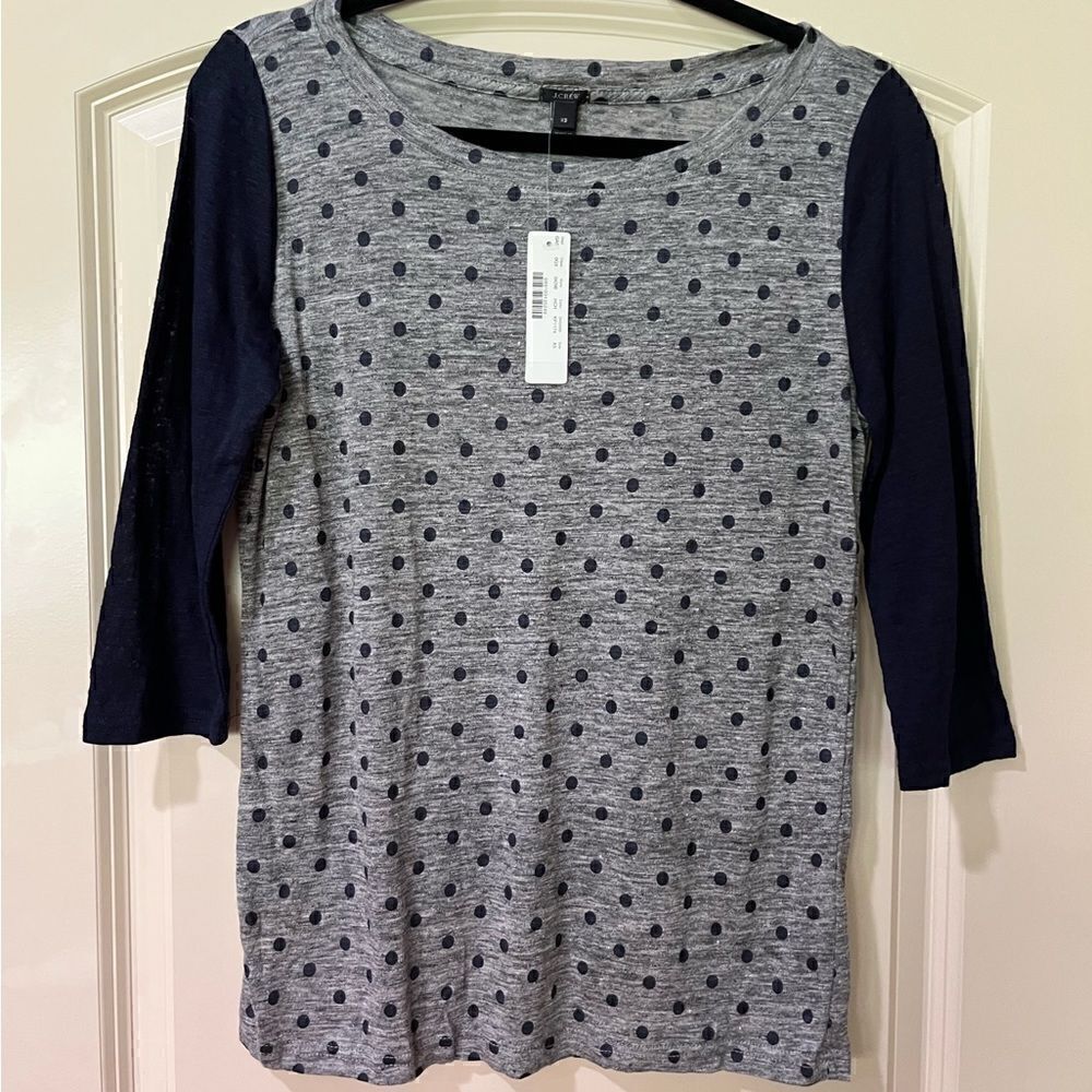 NWT J.Crew 3/4 Sleeves Scoop Neck Baseball Polka Dot Shirt Navy Gray Women’s XS